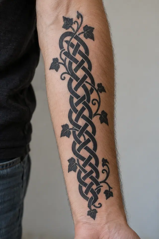 Blackwork Celtic knot tattoo on the forearm