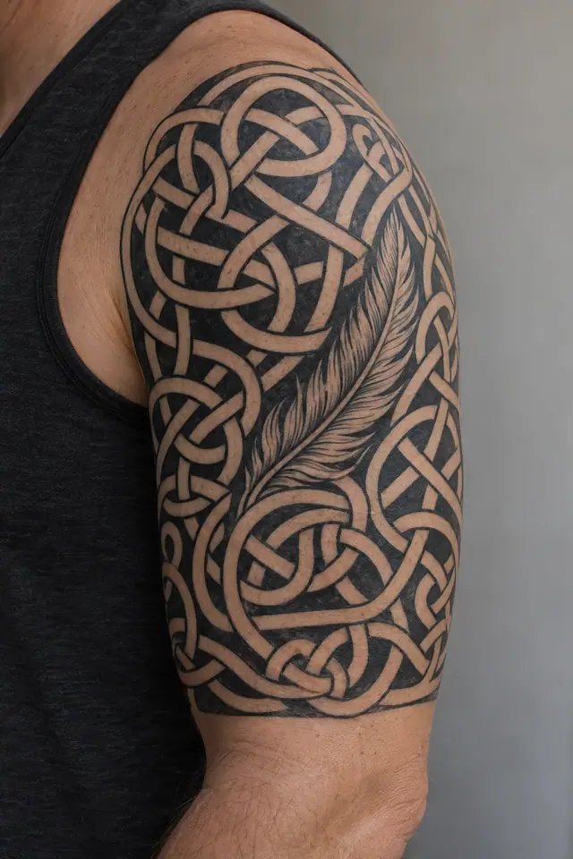 Blackwork Celtic knot tattoo on the upper arm (half sleeve)