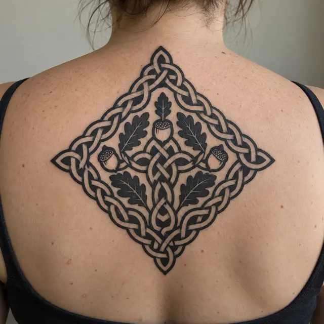 Blackwork Celtic knot tattoo on the upper back