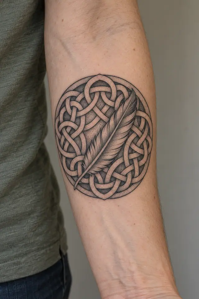 Dotwork Celtic knot tattoo on the forearm