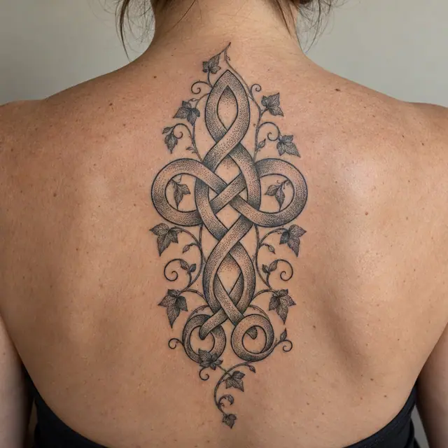 Dotwork Celtic knot tattoo on the upper back