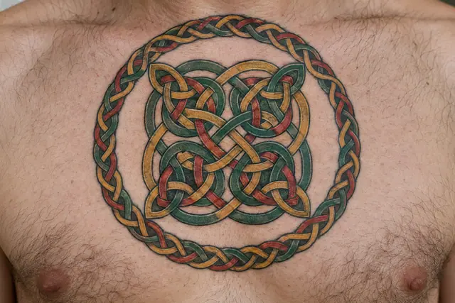 Color illuminated Celtic knot tattoo on the chest