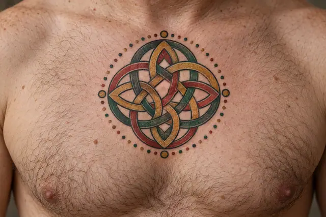 Color illuminated Celtic knot tattoo on the chest