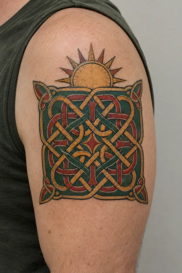 Color illuminated Celtic knot tattoo on the upper arm (half sleeve)
