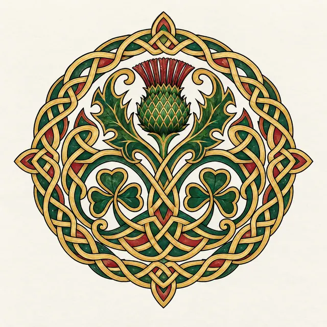 Color illuminated Celtic knot tattoo design for the upper back