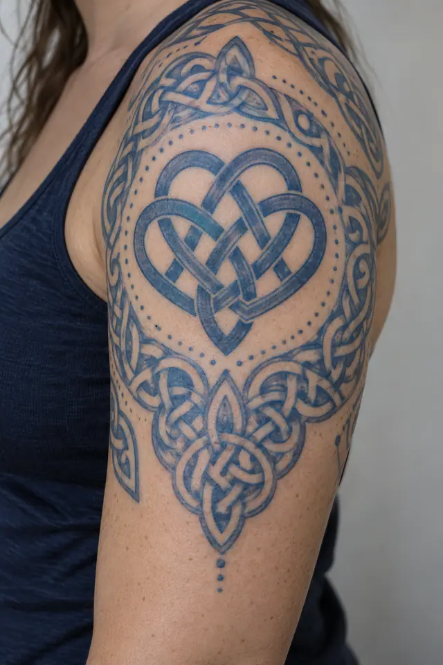 Woad blue Celtic knot tattoo on the upper arm (half sleeve)