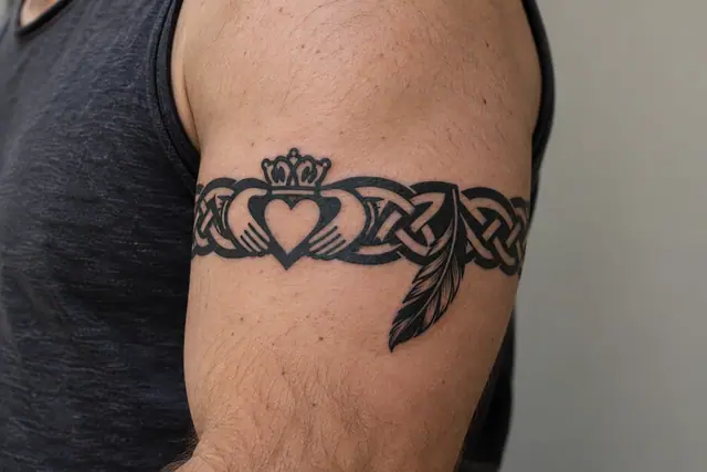 Blackwork Claddagh tattoo on the arm (armband)