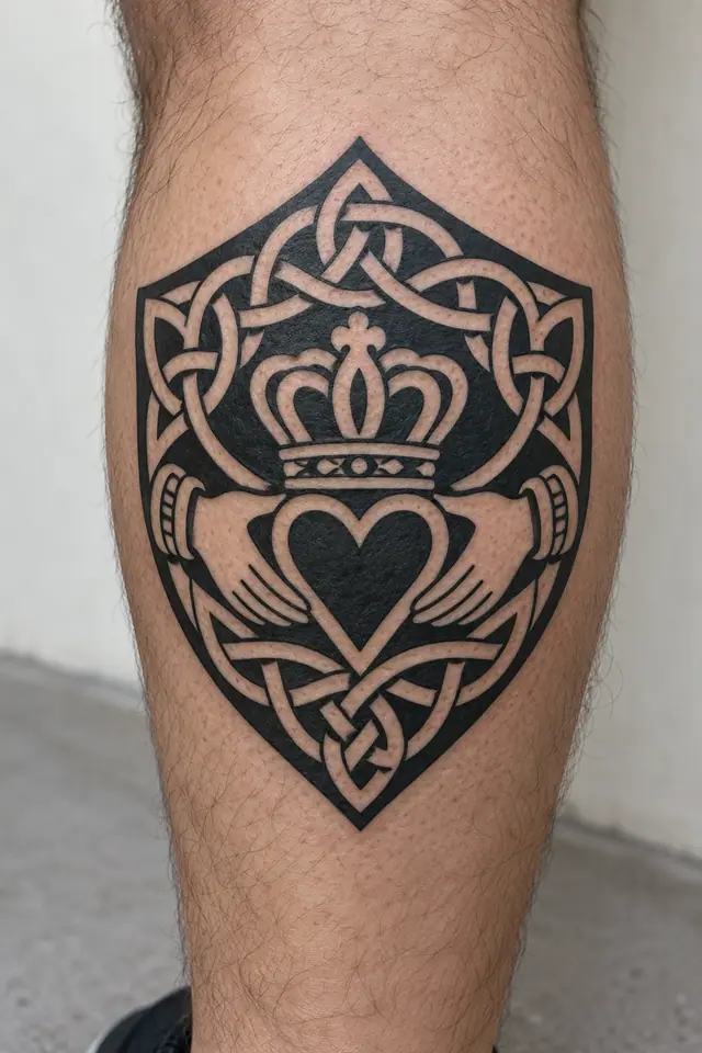 Blackwork Claddagh tattoo on the calf