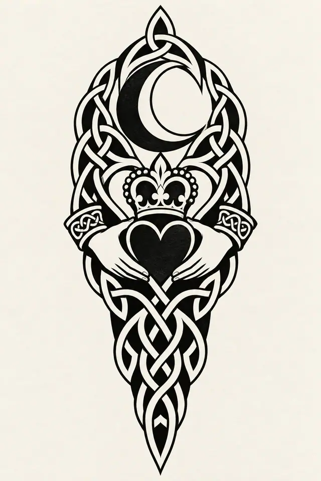 Blackwork Claddagh tattoo design for the calf