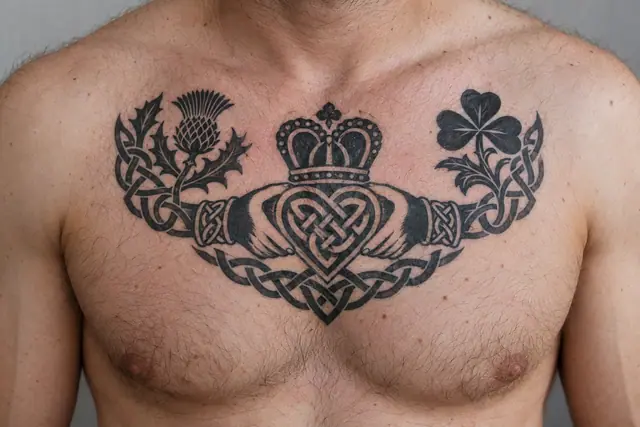 Blackwork Claddagh tattoo on the chest