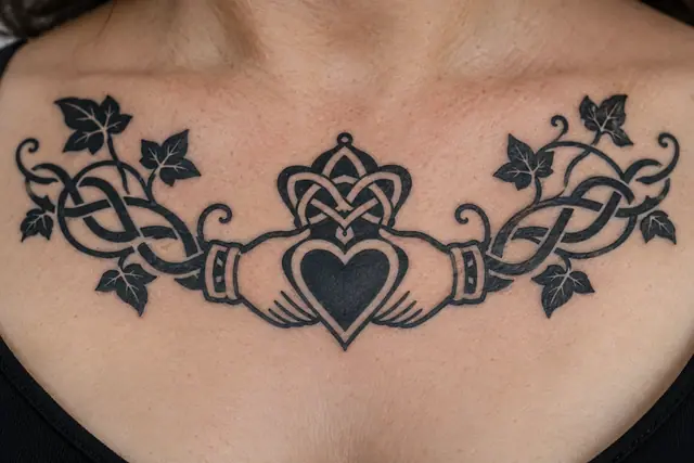 Blackwork Claddagh tattoo on the chest