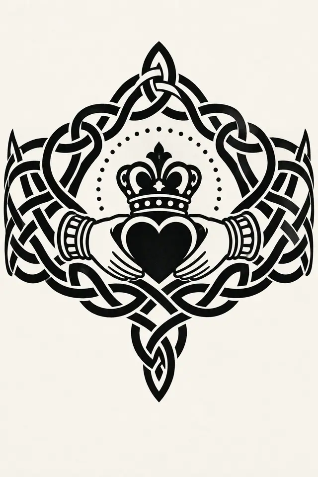 Blackwork Claddagh tattoo design for the upper arm (half sleeve)