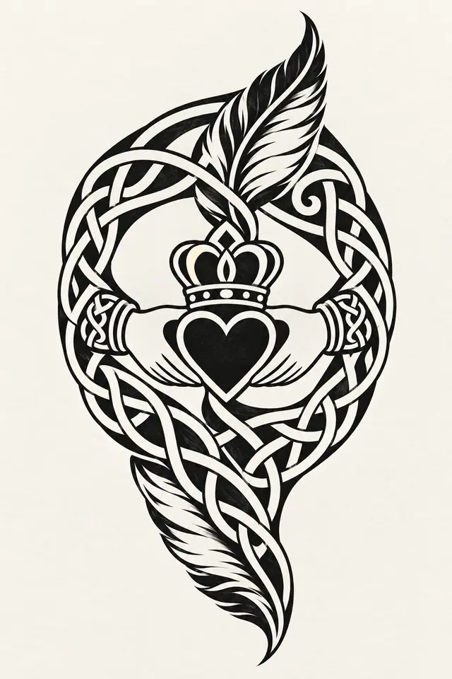 Blackwork Claddagh tattoo design for the upper arm (half sleeve)