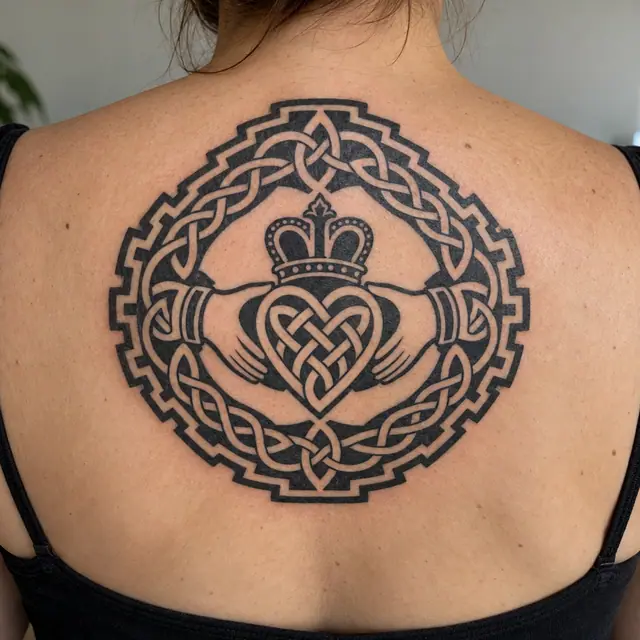 Blackwork Claddagh tattoo on the upper back