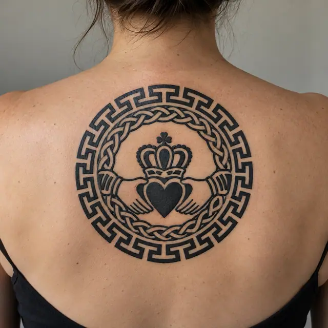 Blackwork Claddagh tattoo on the upper back
