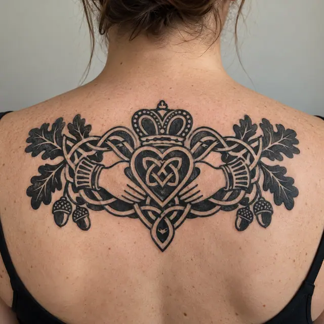 Blackwork Claddagh tattoo on the upper back