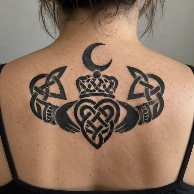 Blackwork Claddagh tattoo on the upper back