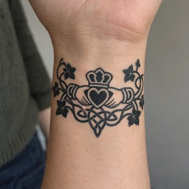 Blackwork Claddagh tattoo on the wrist