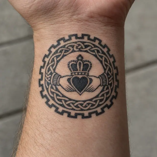 Blackwork Claddagh tattoo on the wrist