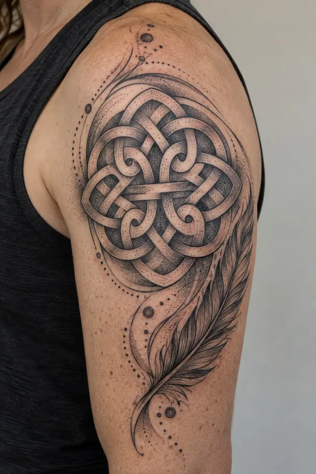 Dotwork Dara knot tattoo on the upper arm (half sleeve)