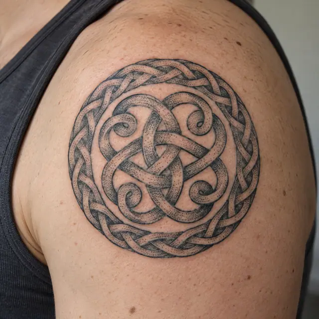 Dotwork Dara knot tattoo on the shoulder
