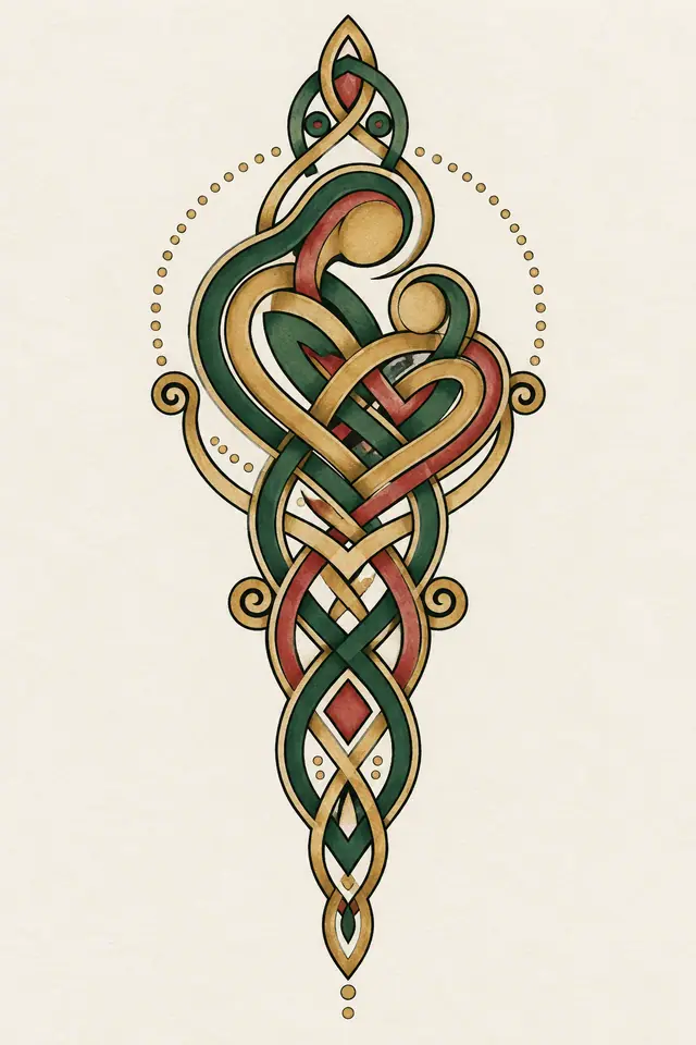 Color illuminated Celtic motherhood knot tattoo design for the calf