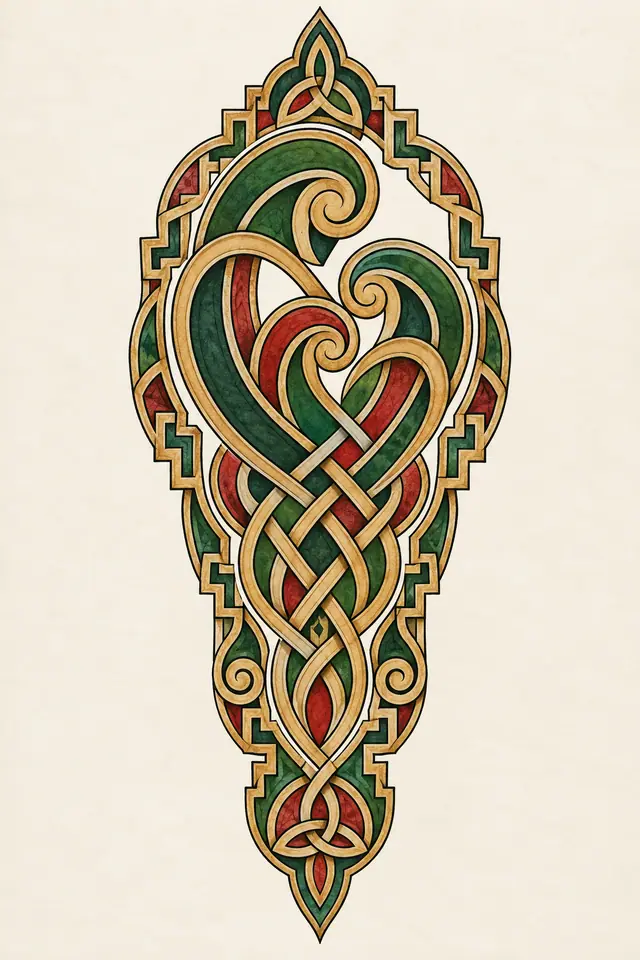Color illuminated Celtic motherhood knot tattoo design for the calf