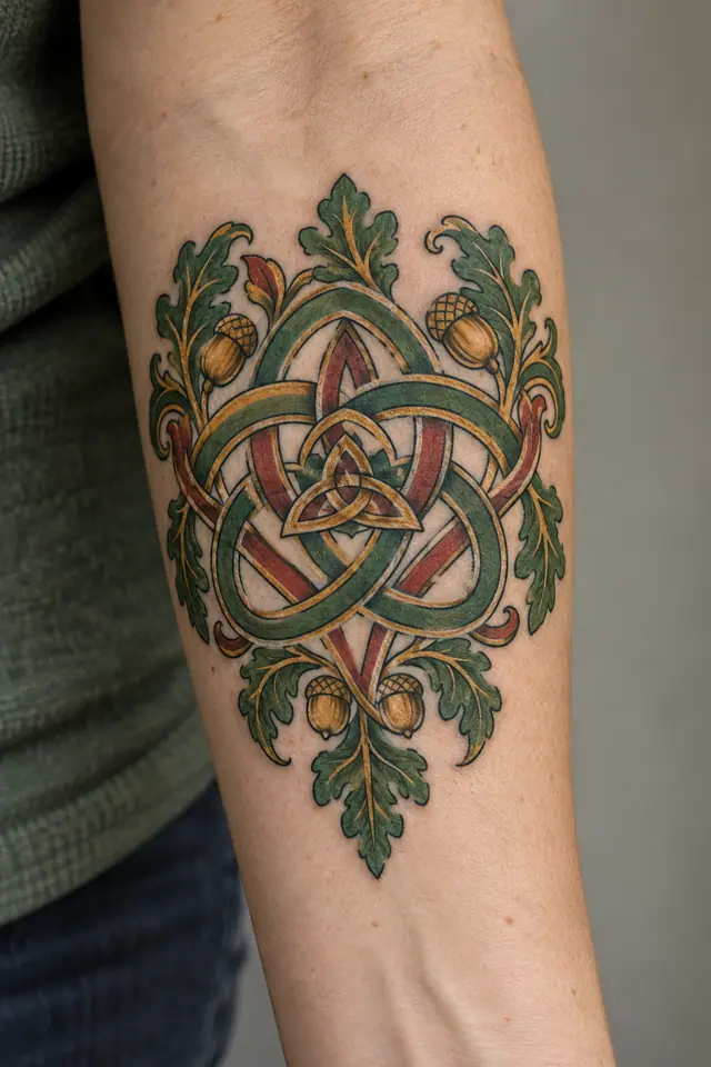 Keltischer Mutterschaftsknoten als Tattoo in farbiger Buchmalerei, gestochen auf den Unterarm