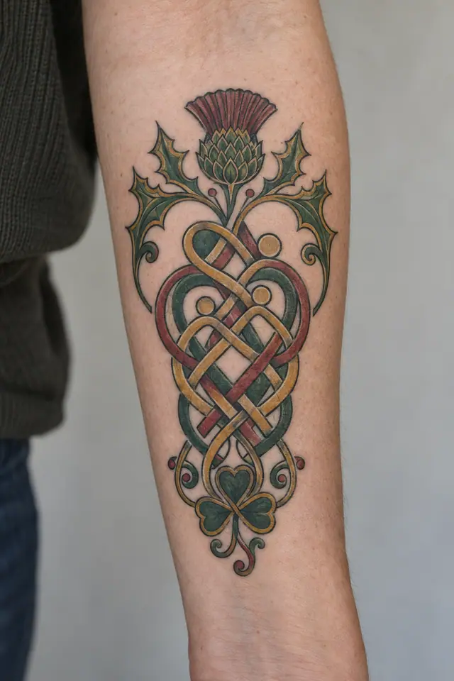 Color illuminated Celtic motherhood knot tattoo on the forearm
