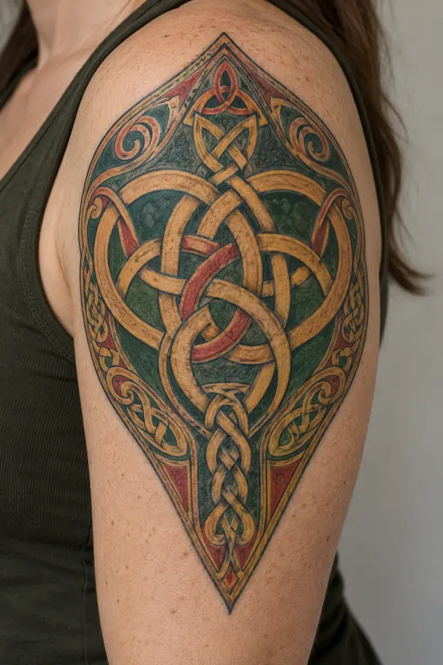 Color illuminated Celtic motherhood knot tattoo on the upper arm (half sleeve)