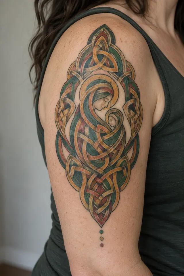 Color illuminated Celtic motherhood knot tattoo on the upper arm (half sleeve)