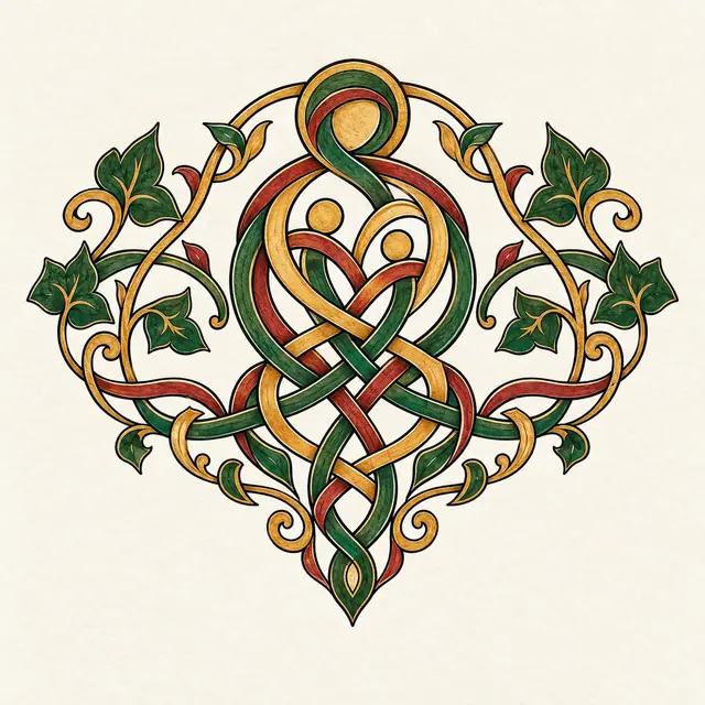 Disegno di tatuaggio con un nodo celtico della maternità in stile miniato a colori per la spalla