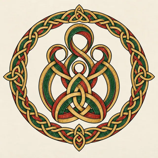 Color illuminated Celtic motherhood knot tattoo design for the upper back