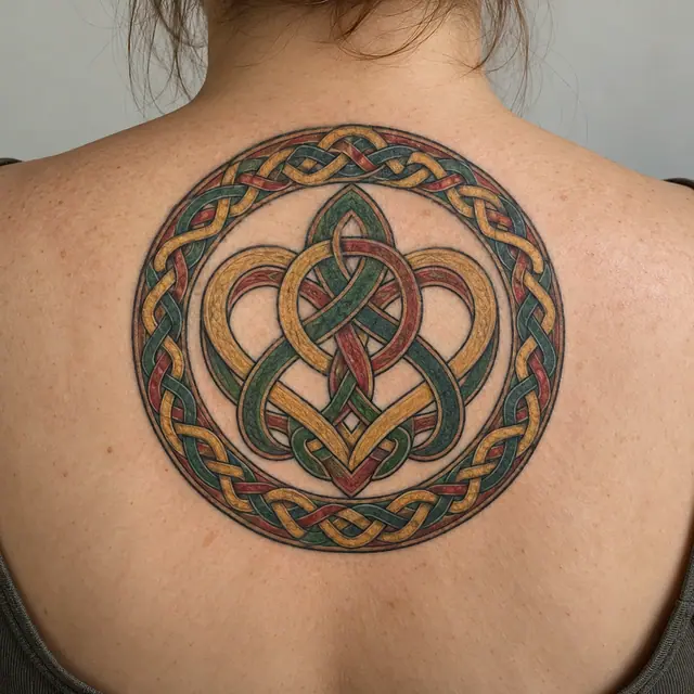 Color illuminated Celtic motherhood knot tattoo on the upper back