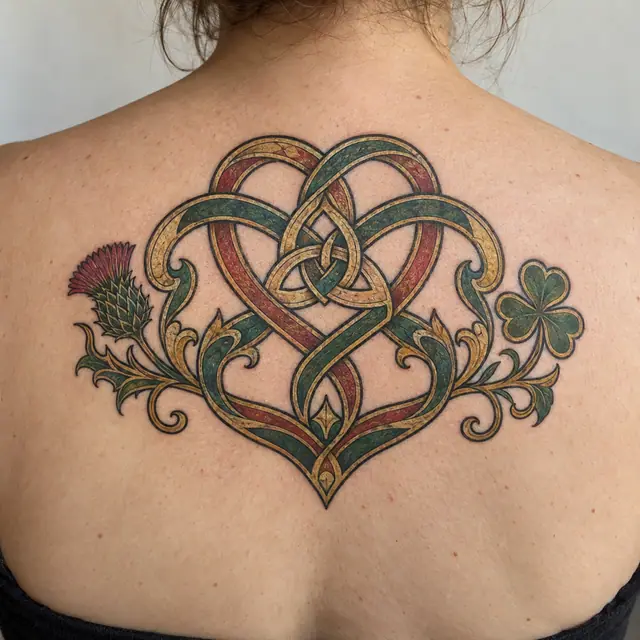Color illuminated Celtic motherhood knot tattoo on the upper back