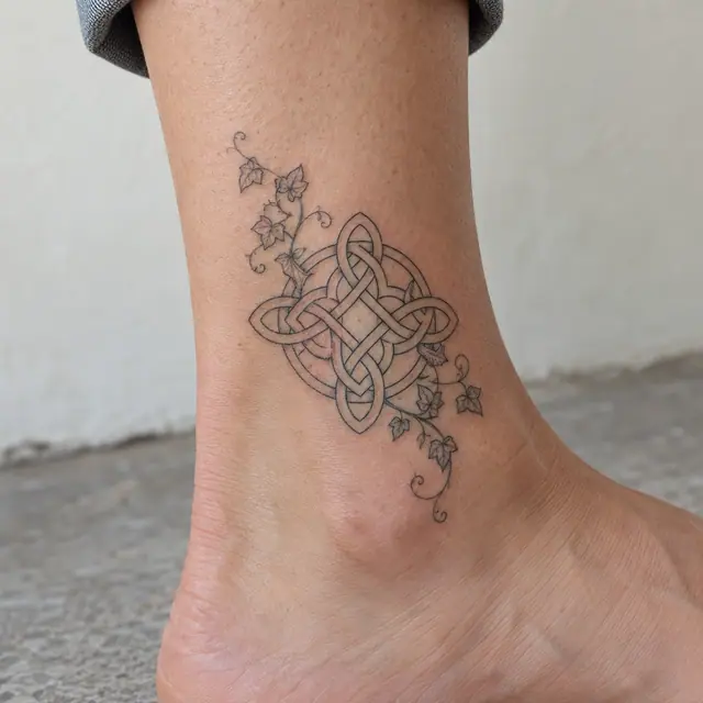 Fine-line Celtic shield knot tattoo on the ankle