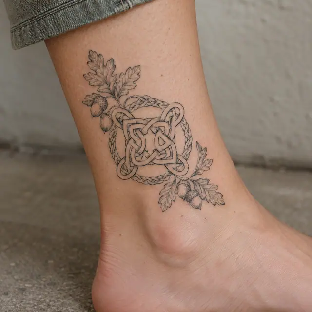 Fine-line Celtic shield knot tattoo on the ankle