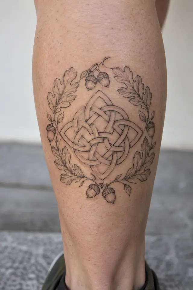 Fine-line Celtic shield knot tattoo on the calf