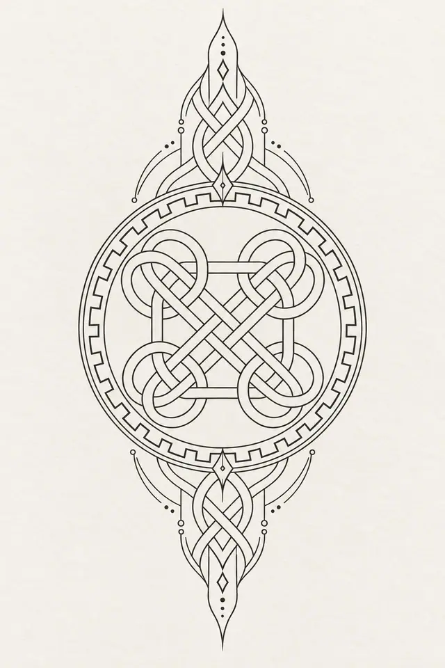 Fine-line Celtic shield knot tattoo design for the calf