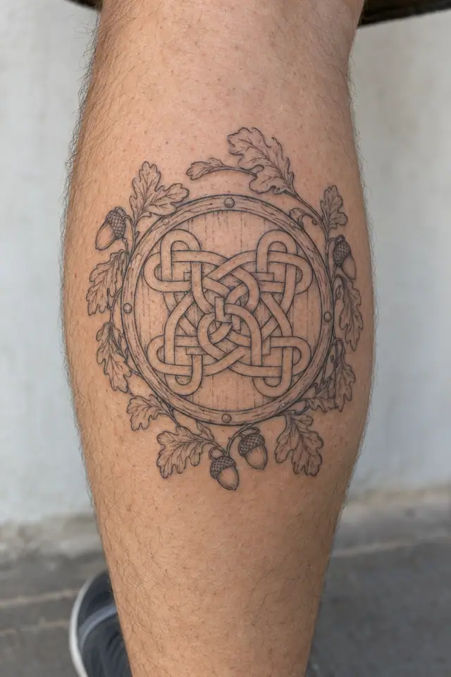 Fine-line Celtic shield knot tattoo on the calf