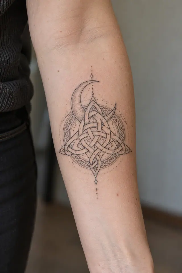 Fine-line Celtic shield knot tattoo on the forearm