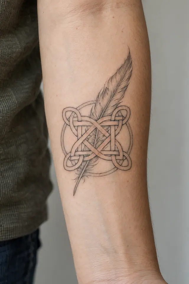 Fine-line Celtic shield knot tattoo on the forearm