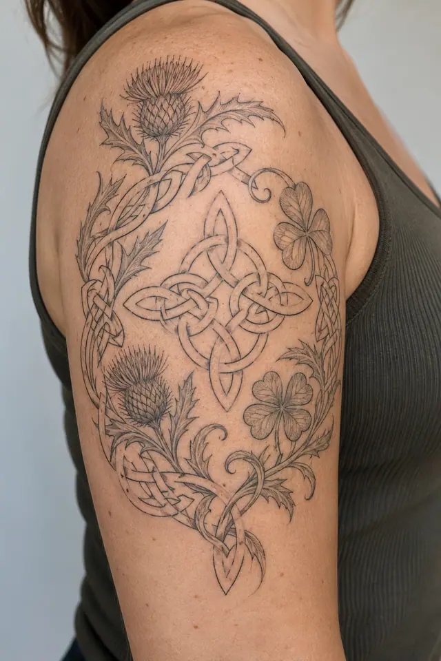 Fine-line Celtic shield knot tattoo on the upper arm (half sleeve)