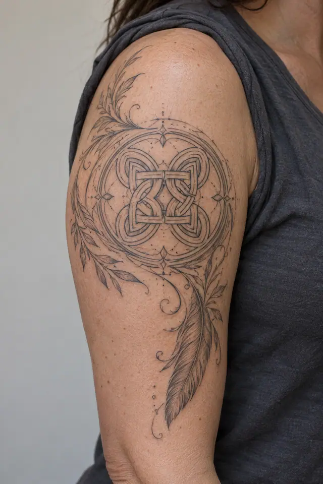 Fine-line Celtic shield knot tattoo on the upper arm (half sleeve)