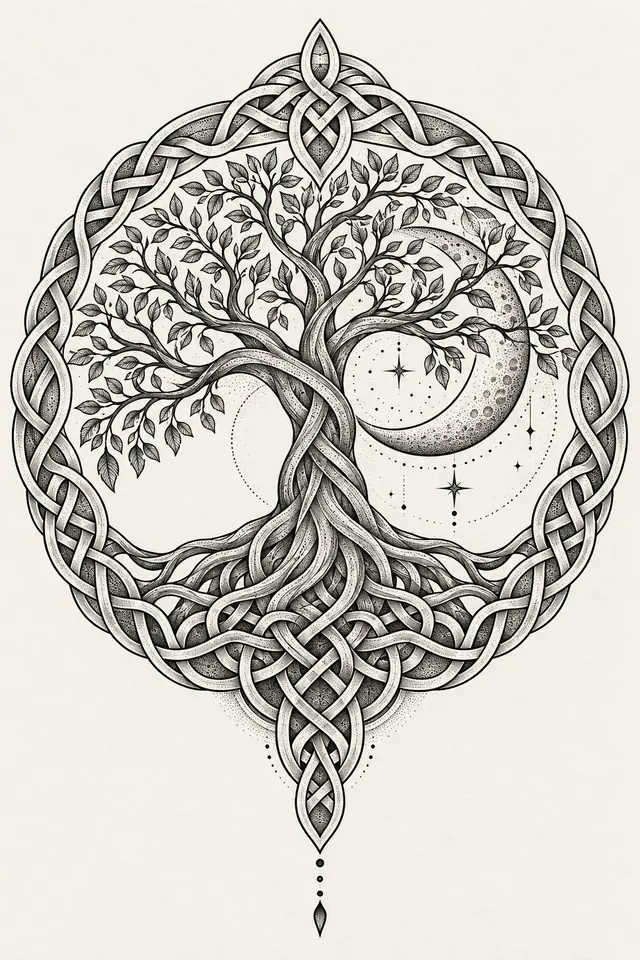 Dotwork Celtic tree of life tattoo design for the upper arm (half sleeve)
