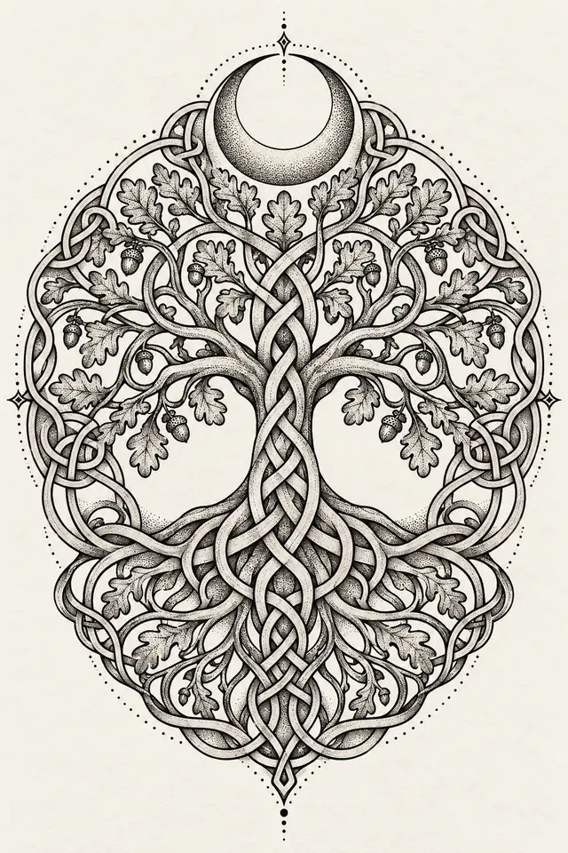 Dotwork Celtic tree of life tattoo design for the upper arm (half sleeve)