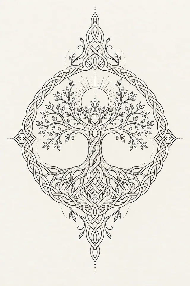 Fine-line Celtic tree of life tattoo design for the upper arm (half sleeve)