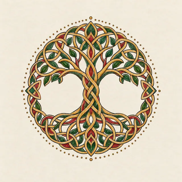 Color illuminated Celtic tree of life tattoo design for the ankle