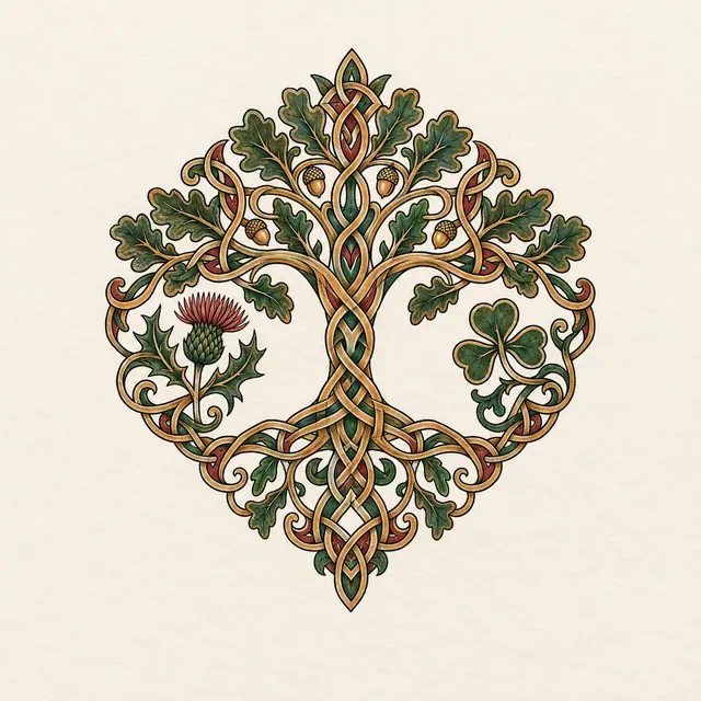 Color illuminated Celtic tree of life tattoo design for the ankle