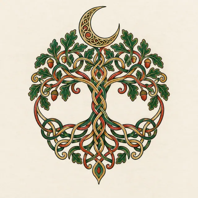 Color illuminated Celtic tree of life tattoo design for the ankle